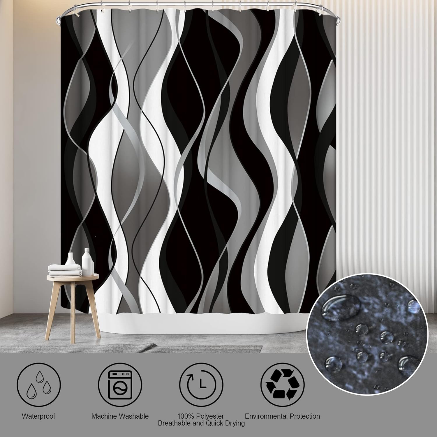 4 count Black Shower Curtain Sets with Non-Slip Rugs, Toilet Lid Cover and Bath Mat, Black and Gray Bathroom Decor Set Accessories Fabric Shower Curtains with 12 Hooks, 72 x 72 Inch 4 count Black Shower Curtain Sets with Non-Slip Rugs, Toilet Lid Cover and Bath Mat, Black and Gray Bathroom Decor Set Accessories Fabric Shower Curtains with 12 Hooks, 72 x 72 Inch