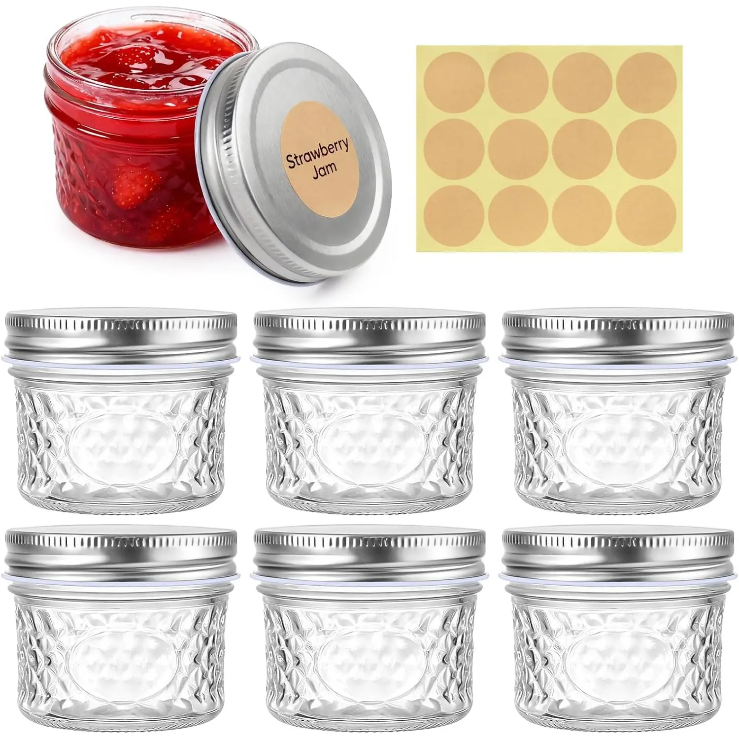 6 Pcs Diamond-Shaped Glass Containers (100ml) - Airtight Leak-Proof Mini Screw-Lid Canisters, Transparent Front Viewing Window, Round Stickers, Hand-Wash Safe, Great for Home Storage, Gifting, Maintains Freshness