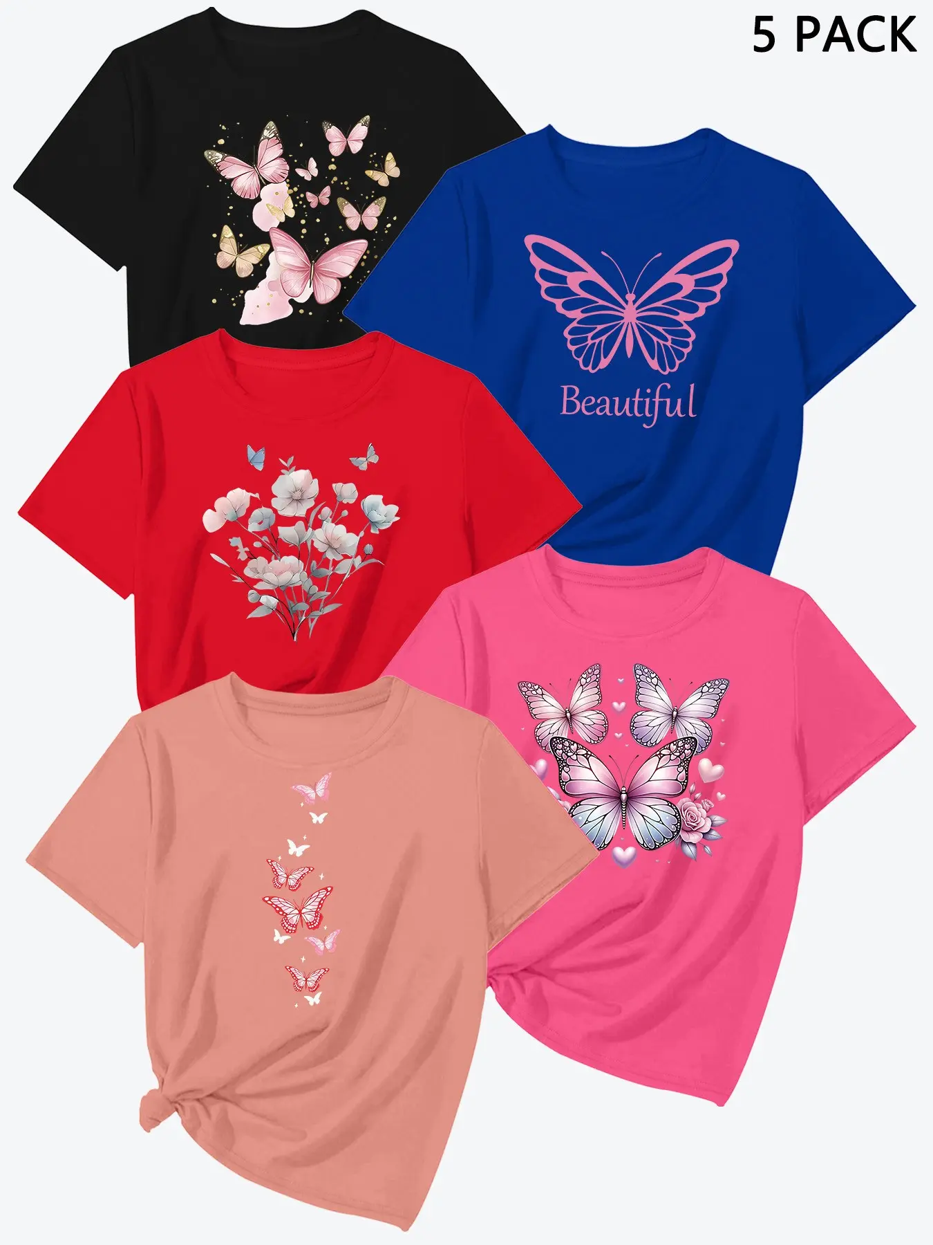 Summer New Butterfly Print Short Sleeve, High-Quality Women's Sport T-Shirt Set of 5, Casual Fitted Heart Pattern, Unlined