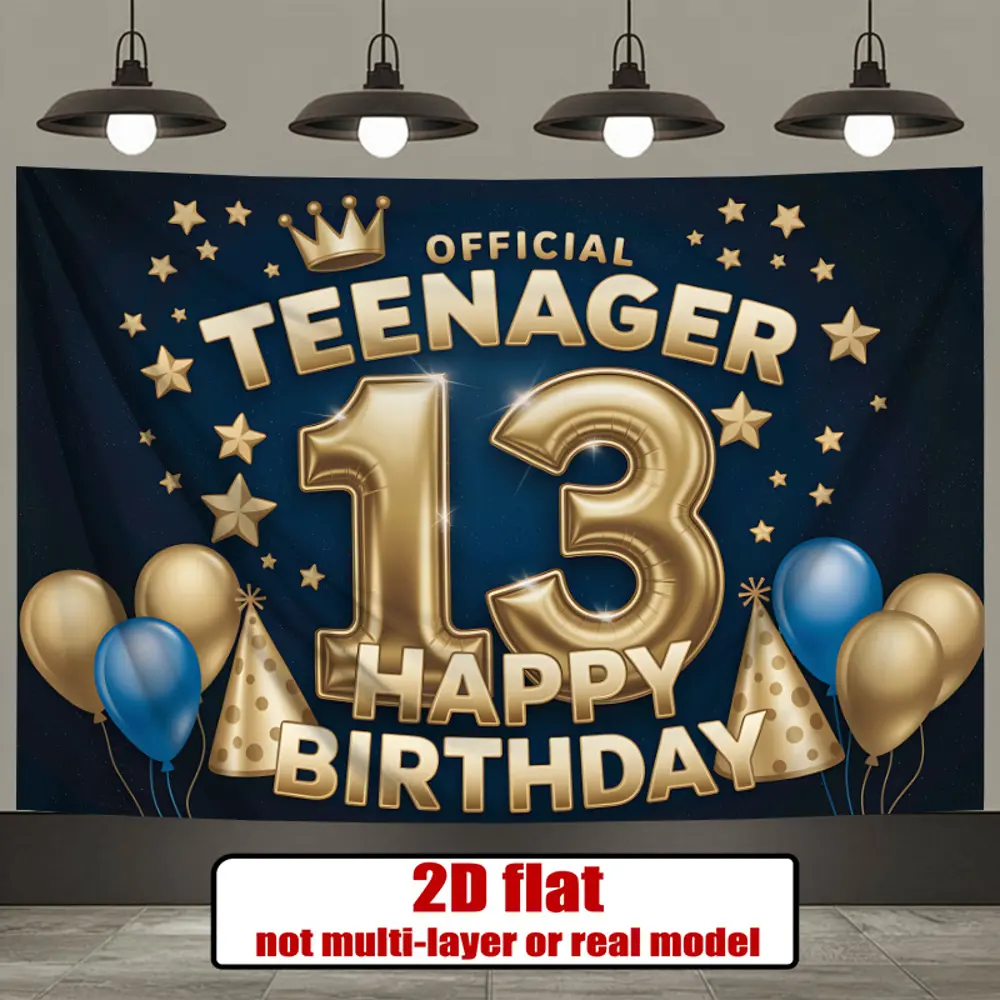Navy Blue and Gold 2D Flat Banner 13th Teenager Happy Birthday Polyester Photography Backdrop Sheet, HD Digitally Printed, Soft Lightweight Foldable, Ideal for Birthday Party Decor, Portrait Photos, 13Th Birthday Party