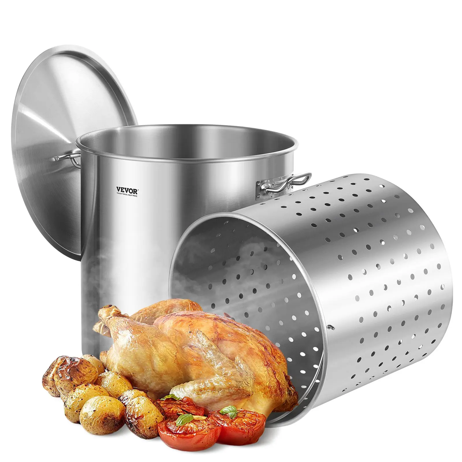 【Summerfinds】VEVOR 84 Qt (79.5L) Stainless Steel Stockpot, Heavy-Duty Commercial Grade Cookware with Basket Drainage, Lid & Handle, Sanding Treatment, Strainer for Large Gatherings