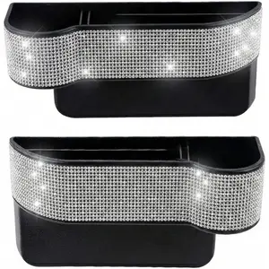 Bling Bling Car Seat Organizer Front Seat Gap Filler with Crystal Rhinestones Diamond, PU Leather Car Seat Console Storage Organizer for Car Accessories (Silver)