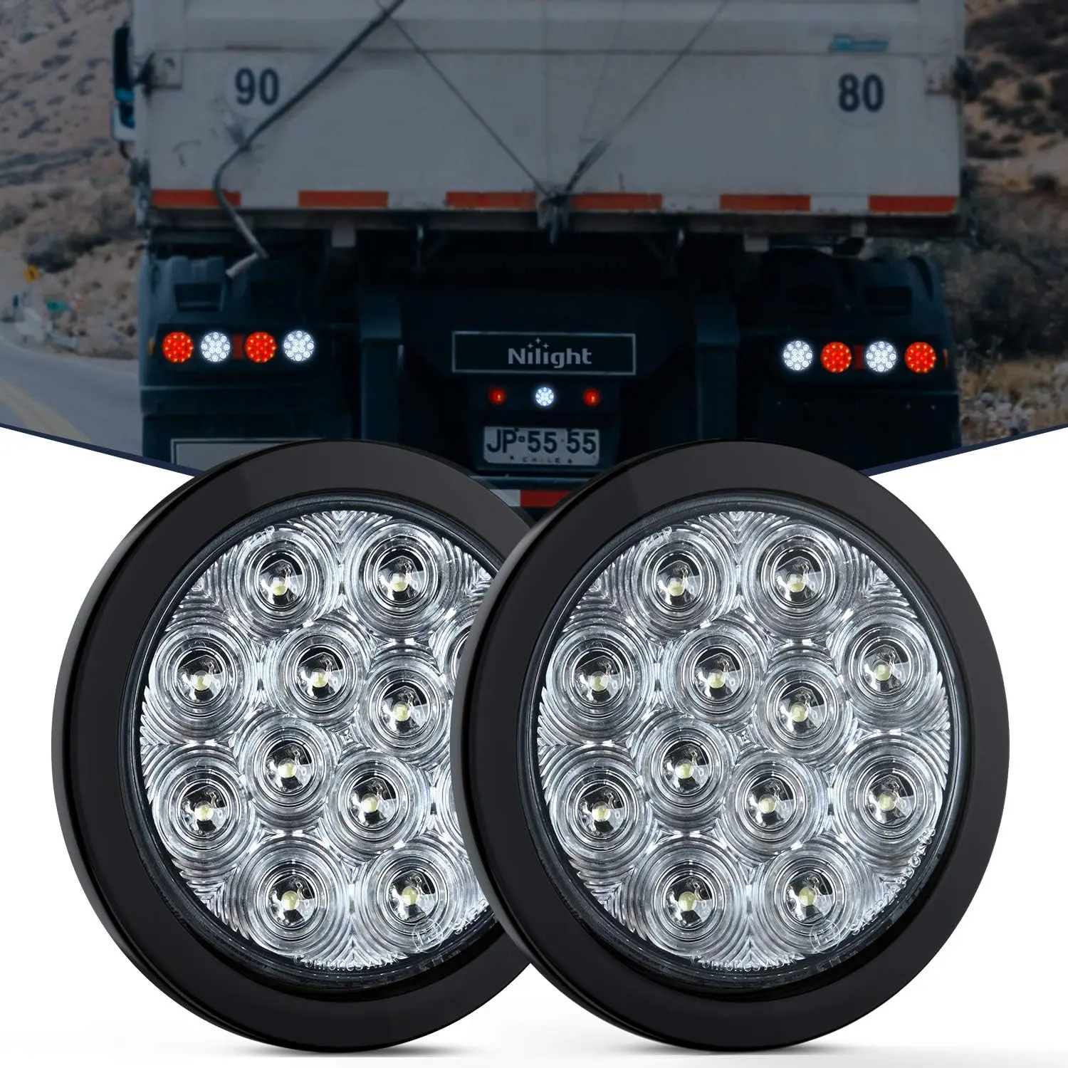 Nilight 2PCS 4-Inch Round White LED Backup Reverse Signal Lights, 12LED per Unit, IP67 Waterproof DOT Compliant for Trailer Truck, Round Light