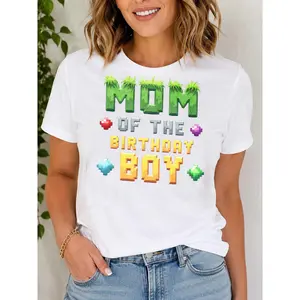 Minecraft "Mom of the Birthday Boy" White Tee | Gamer Birthday Party Shirt | Gamer Mom Birthday Tee | Minecraft Inspired "Mom of the Birthday Boy" White Shirt | Minecraft Birthday Party Mom Tee | "Mom of the Birthday Boy" White Casual T-Shirt