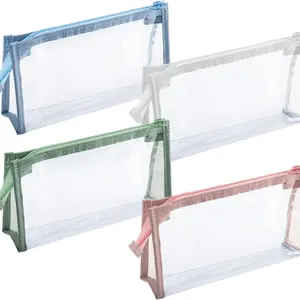 4pcs Travel Cosmetic Makeup Bags, Clear Pencil Cases, Transparent Pencil Pouch with Zipper, Multi-Function Stationery Organizer, Blue