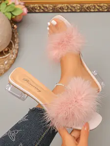 2026 Summer Trendy Feather Sandals, Transparent Thick Heel Anti-Slip Insole, Pearl Chain Slide-On Beach Party Shoes for Women