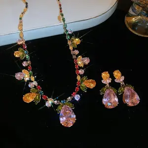 Women's Light Luxury Look High-End Fashion Flower Leaf Drop Jewelry Set, Includes Neck+Earrings, Zircon Pendant Wedding Bride Costume Accessory Set