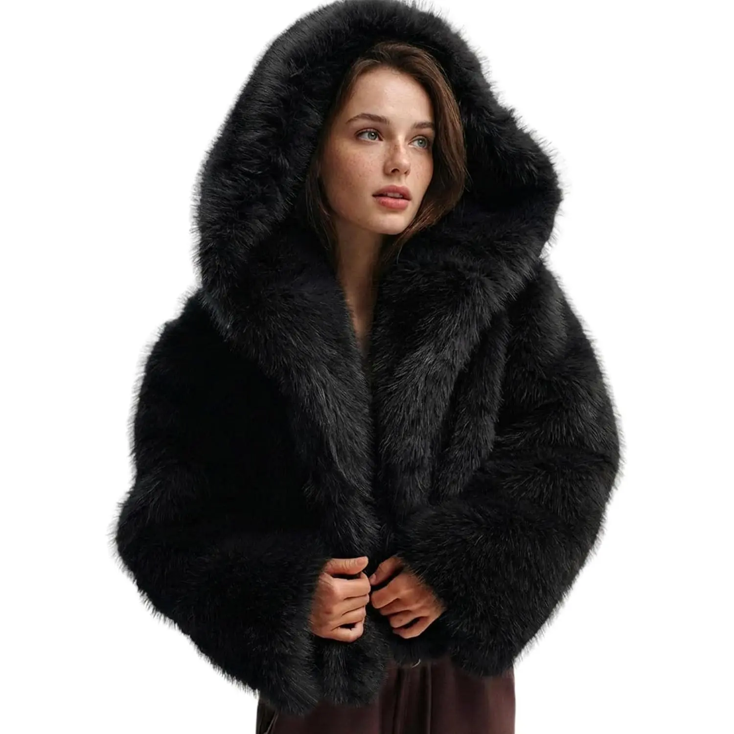 Arssm Women's Faux Fur Coat with Hood Open Front Fluffy Short Coats Winter Warm Thick Cropped Hooded Shaggy Jacket
