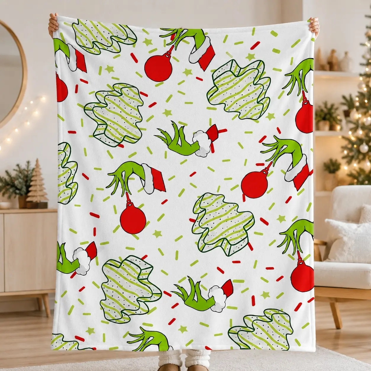 White Christmas Grinch Hand Tree Ornament Flannel Fleece Throw Blanket, Funny Holiday Themed Soft Warm Blanket for Sofa Bed Couch, Xmas Party Decor Nap Throw, Christmas Gift Home Decor Blanket