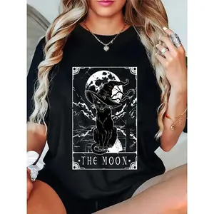 100% Cotton Tarot Card Crescent Moon And Black Cat Witch Hat Halloween T-Shirt, New Model This Year