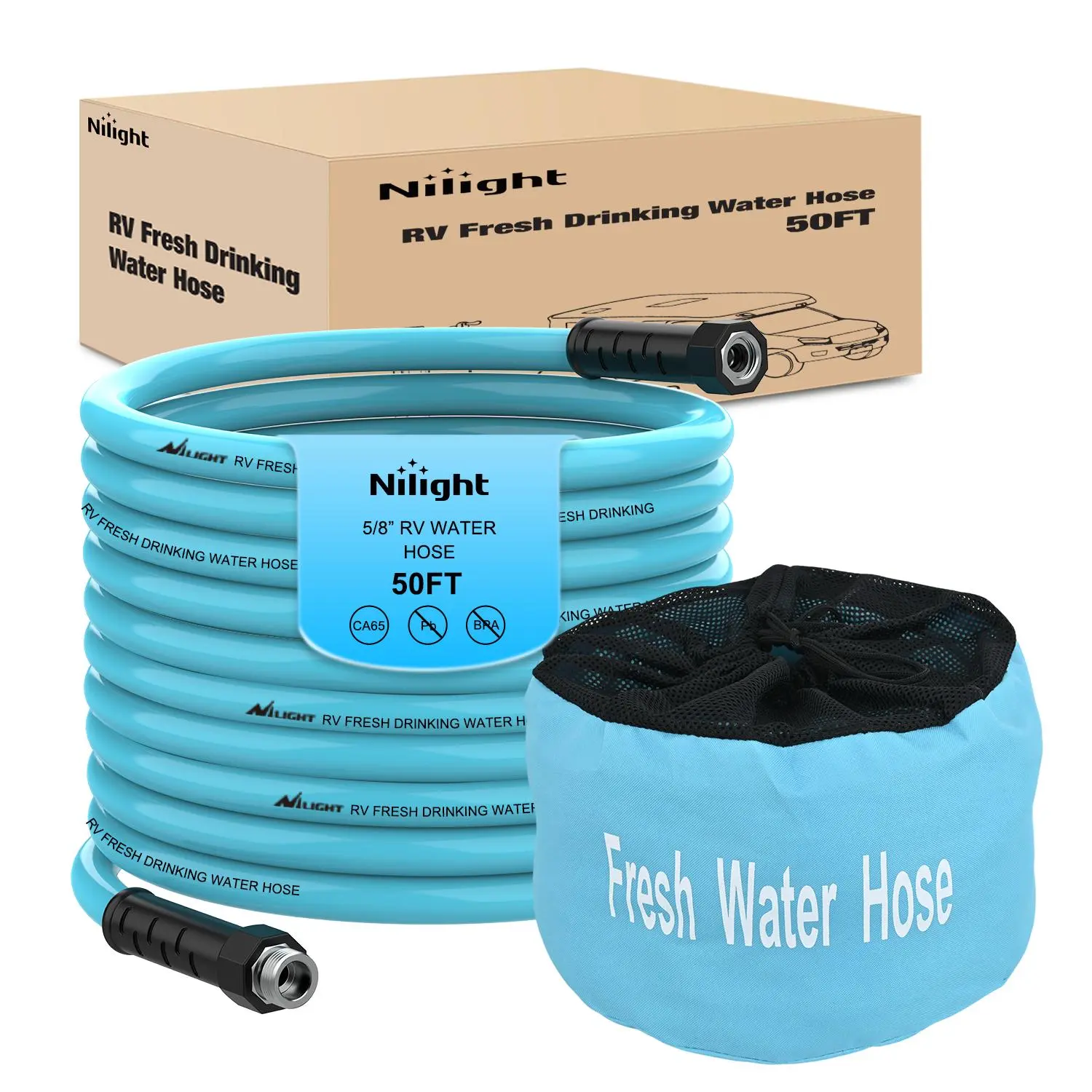 Nilight RV Water Hose 50FT Garden Drinking Hoses with Storage Bag Leakproof Anti-Kink 5/8 Inch Inner Diameter Flexible Lightweight Freshwater Hose for RVs Campers Travel Trailer Boat Car Wash Accessories fathersdaygift