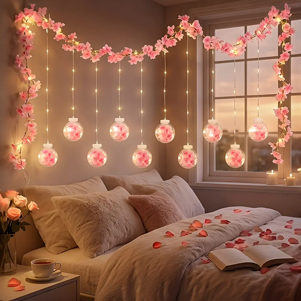 Valentine's Day Warm Light Cherry Blossom Vine Round Ball Decorative Lamp, 10LED USB Powered with Remote Control, 8 Lighting Modes for Bedroom Living Room Party Holiday Decor, Creates Cozy Indoor Atmosphere