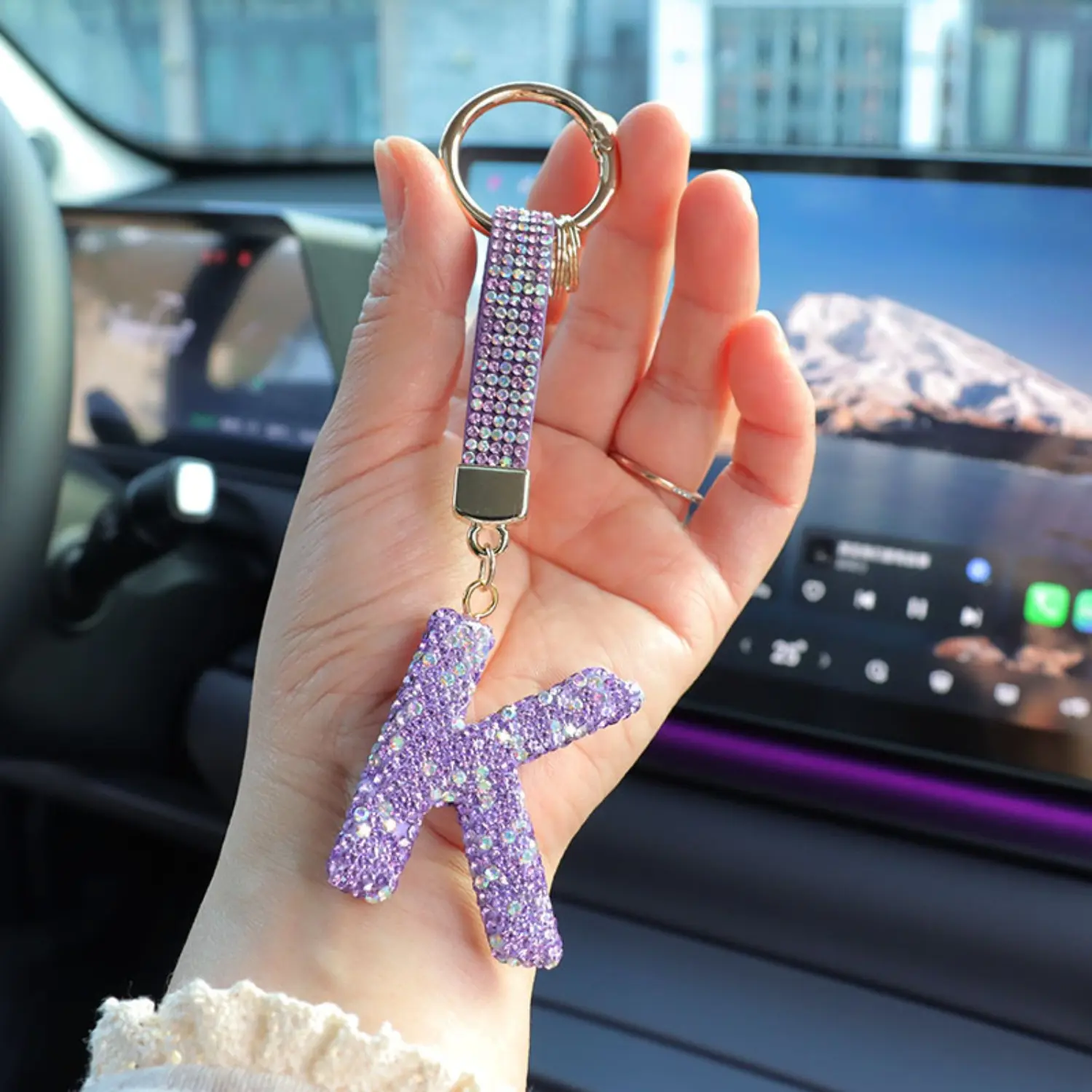 Bling Rhinestone Initial Letter Keychain For Women Luxury Purple Crystal Alphabet K Key Ring Holder Cute Auto Car Accessories Bag Charm Gifts