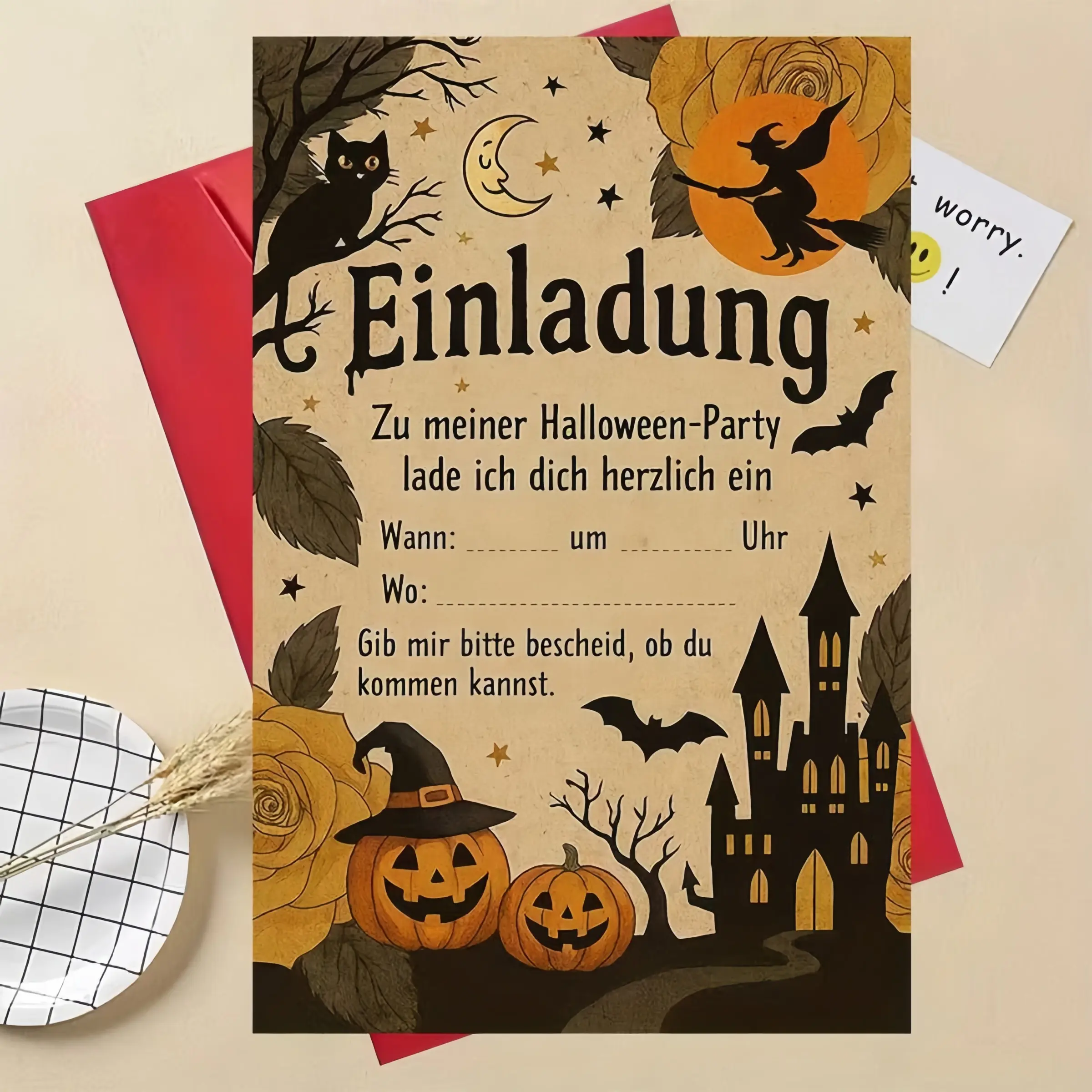 Vintage Halloween Invitation Card, Witch Cat Pumpkin Design, Perfect for Horror Celebrations, Unique Seasonal Gift for Loved Ones