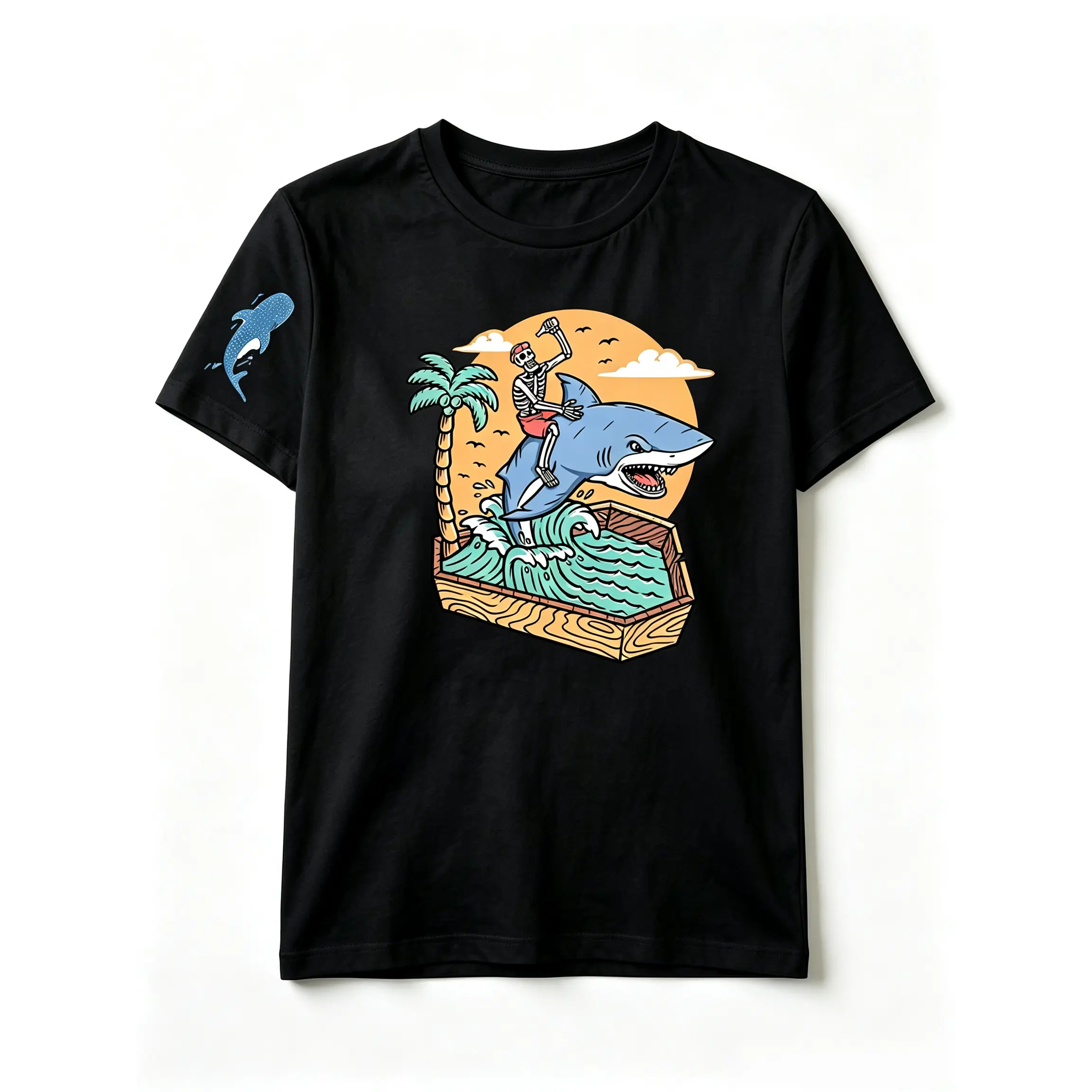 Surfer Skeleton Riding Shark Mini Whale Palm Box Wave Double Print Retro Surf Graphic T-Shirt 100% Cotton White Unisex Beach Tee, funny graphic tee, summer graphic tees, tee