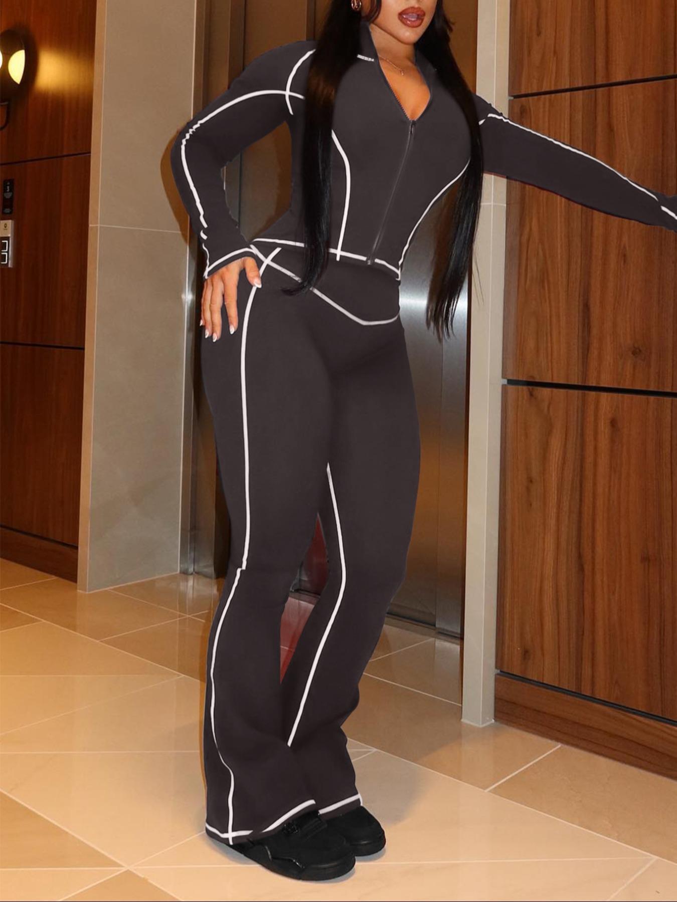 【LovelyWholesale】2026 FIFA World Cup Campaign Two-piece Set Women's Striped Zip Up Jacket & Pants, Street Fashion Streetwear Long Sleeve Outerwear & High Waist Trousers for Daily Wear, Ladies Spring  Clothes, Womenswear Perfect for All Seasons