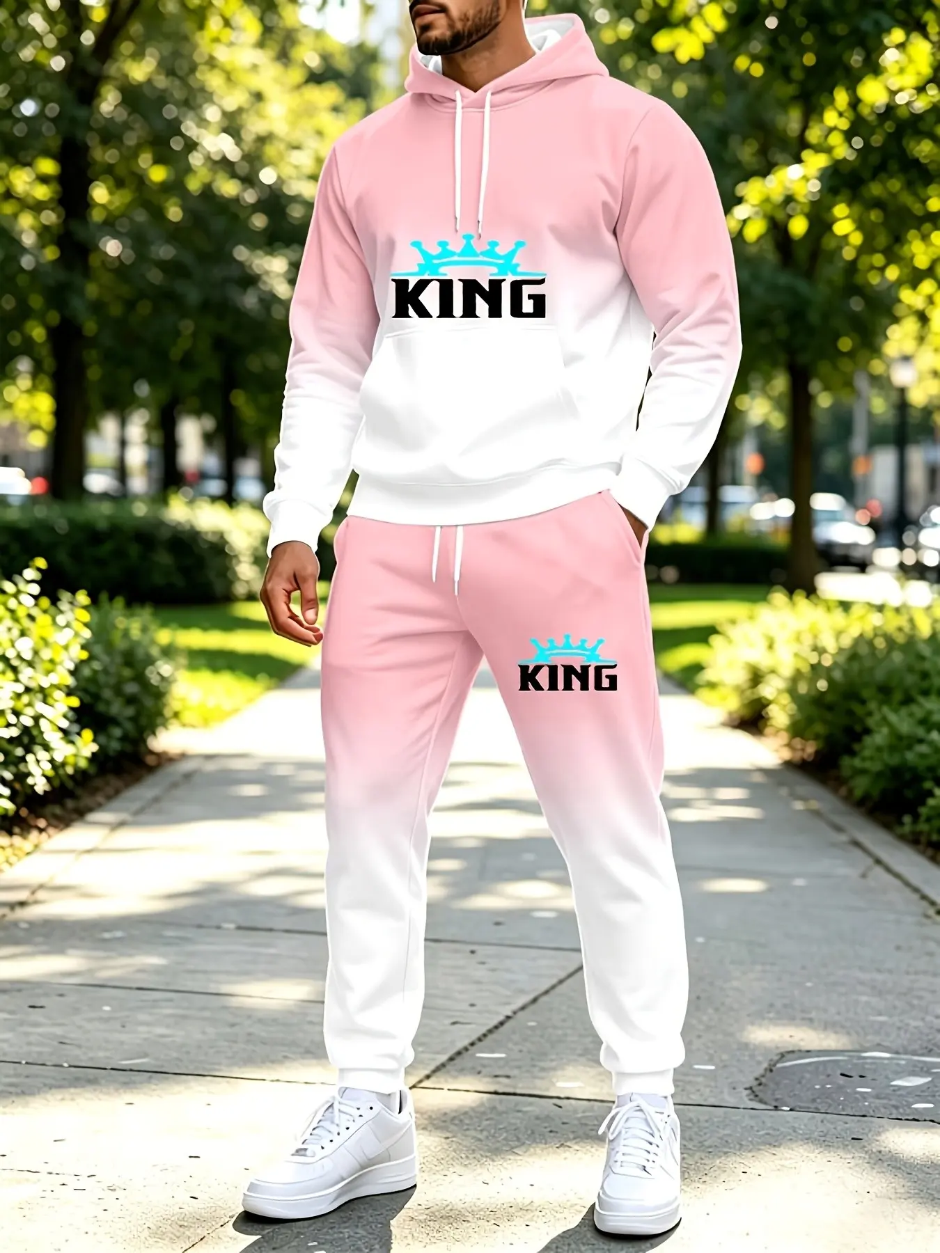 Men's minimalist letter "king" print hoodie and drawstring trousers set, casual and versatile two-piece set for everyday wear.