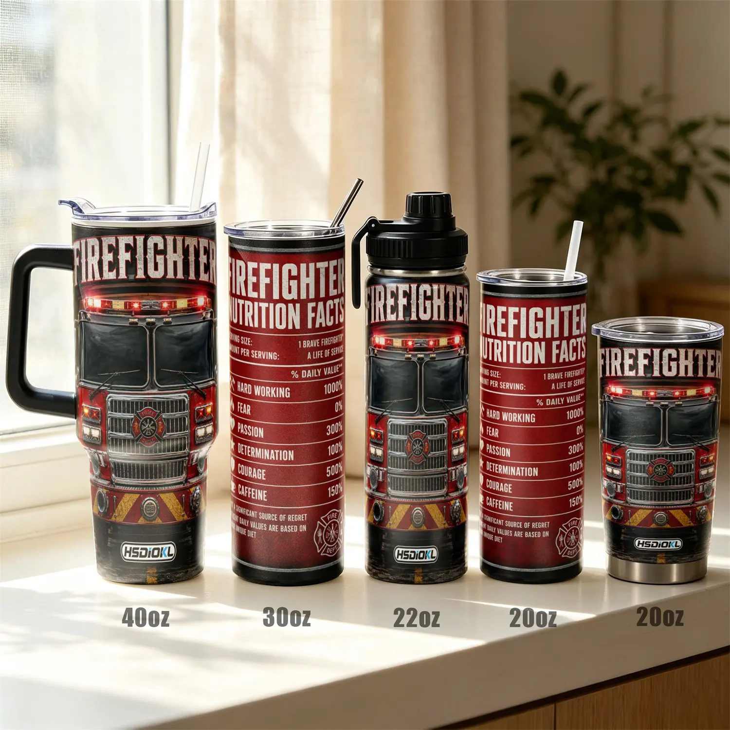 1pc 40oz/30oz/22oz/20oz Firefighter Themed Stainless Steel Tumbler, Double Wall Vacuum Insulated Coffee Cup with Leak Proof Lid, UV Print Fire Truck & Nutrition Facts Design, Sweat Proof Commuter Cup, Ideal Gift for Firefighters, Friends & Family f