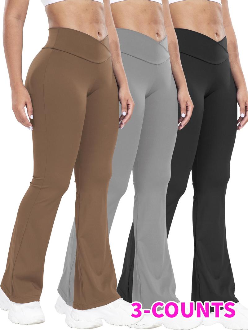 Women's Solid High Waist Flare Leg Leggings, Casual Comfy Tummy Control Skinny Pants for Yoga Gym Workout, Going Out Bottoms for All Seasons, Shaping Leggings