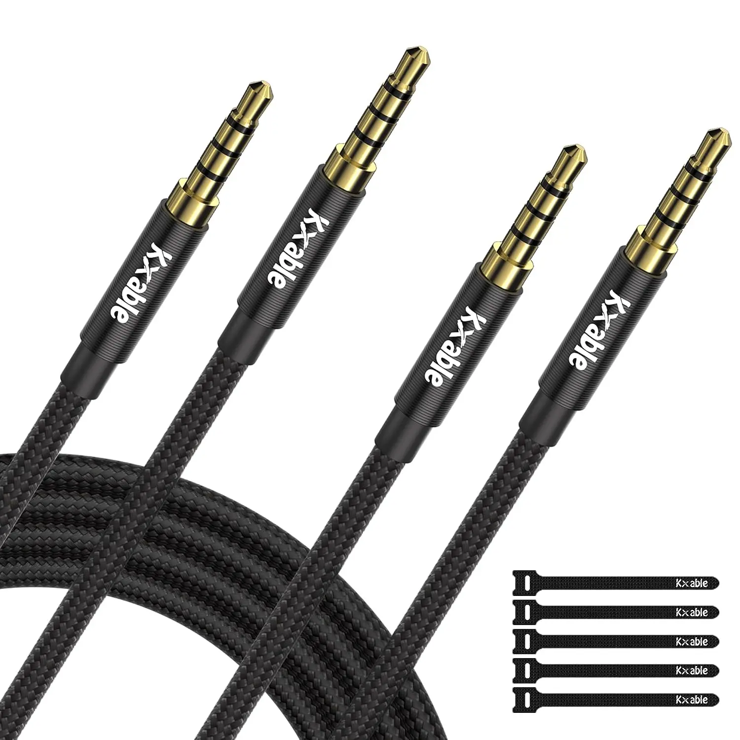 2 Pack 3.5mm Standard Aux Cable, 4-Pole Full Audio TRRS 4FT Nylon Braided Copper Core Cord, Noise-Shielded Microphone-Compatible 1/8 inch Male to Male for Headphones, Car, Phone - Slim
