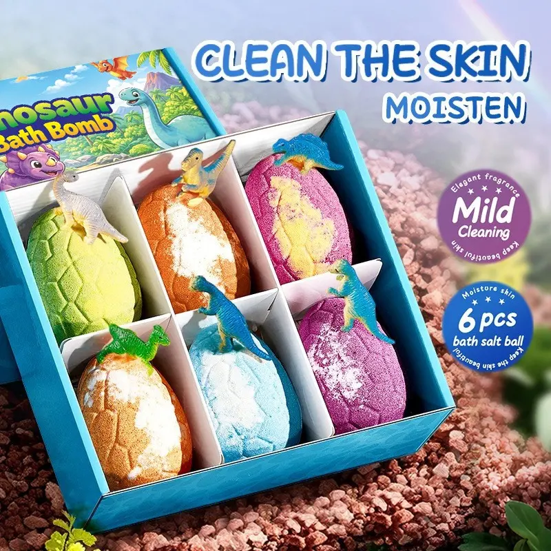 Baby Bath Salt Ball Gift Box, Jurassic Dinosaur Bath Ball, Kids' Special Bath Ball with Doll, Gentle Bubble Moisturize Bath Salt Ball, 6 Pieces