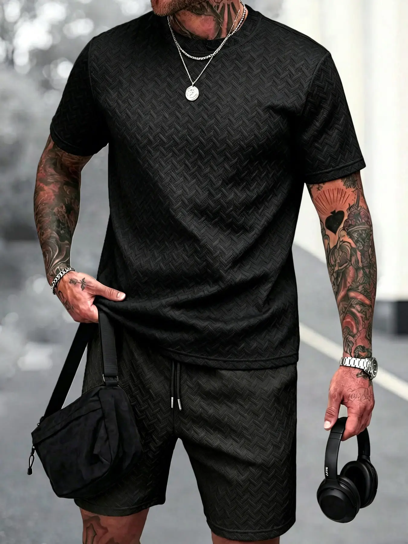 Mens 2 Piece Outfit Set Textured Woven Fabric Crew Neck Short Sleeve Tee & Elastic Drawstring Waist Shorts Matching Co Ord Tracksuit Side Pockets Breathable Relax Fit Casual Suit For Daily Jogging Street Travel Summer Leisure Wear Two Piece Set