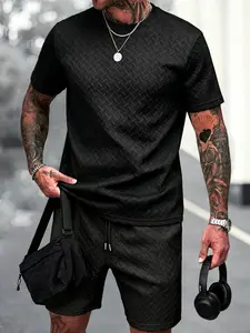 Mens 2 Piece Outfit Set Textured Woven Fabric Crew Neck Short Sleeve Tee & Elastic Drawstring Waist Shorts Matching Co Ord Tracksuit Side Pockets Breathable Relax Fit Casual Suit For Daily Jogging Street Travel Summer Leisure Wear