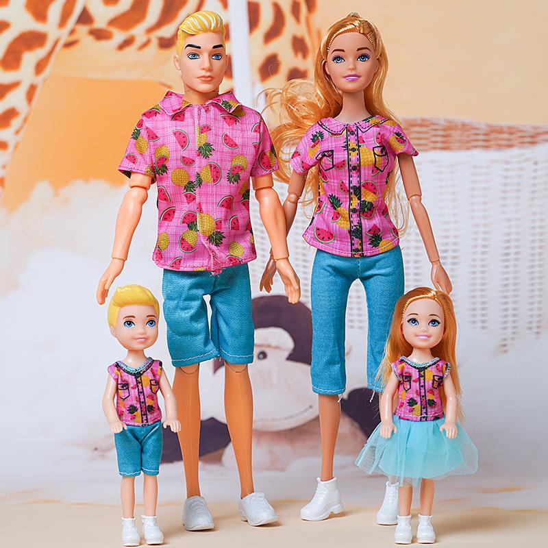 1/6 Barbi Doll Toy Family Doll Set of 4 People Mom Dad Kids 30cm Barbies Doll Full Set With Clothes for Education Birthday Gift