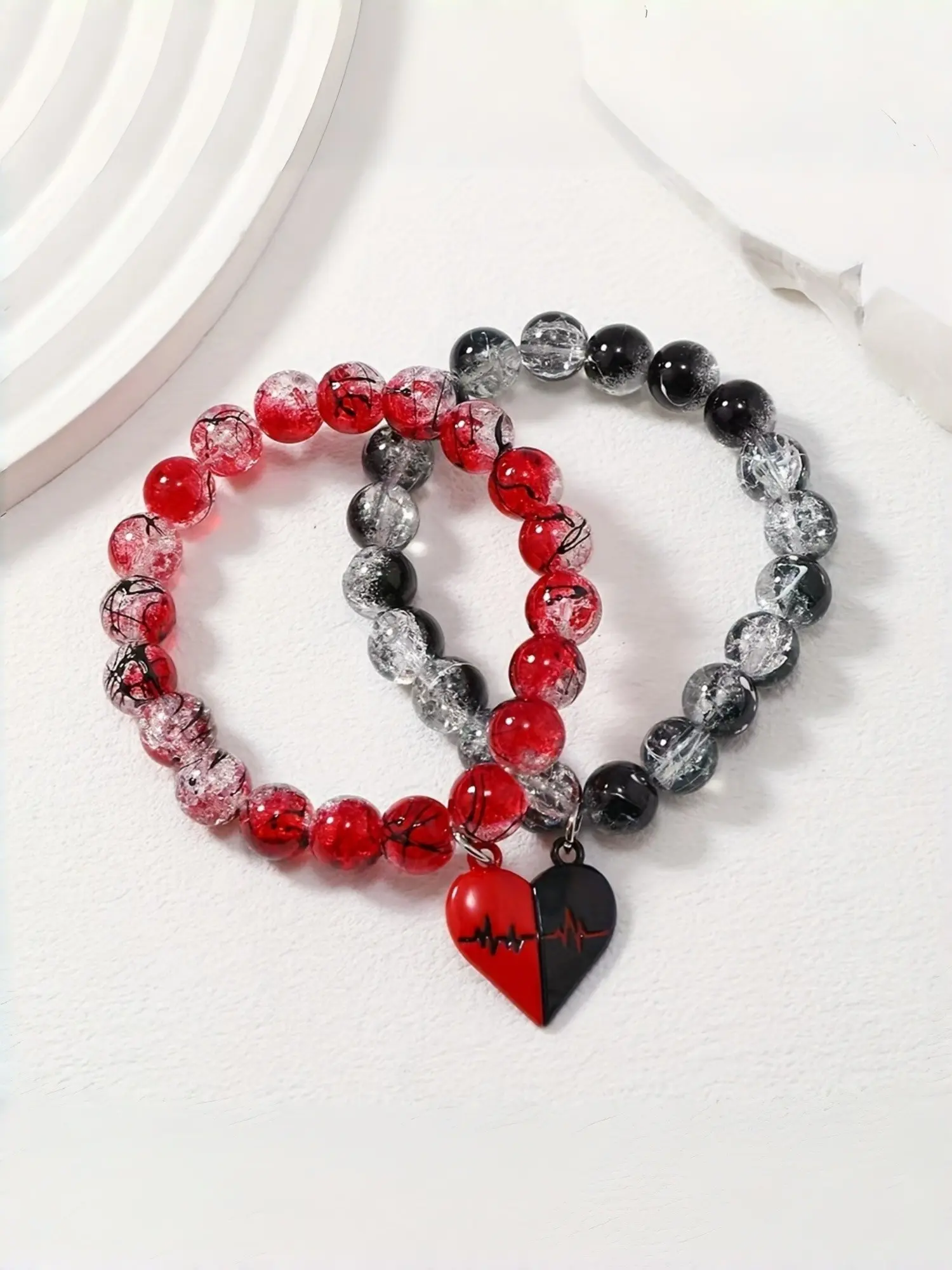 New Couple Bracelet with Floral Beads, Explosive Glass Beads, Magnetic Heart, Handmade Beaded Bracelet, Romantic Gift for Couples