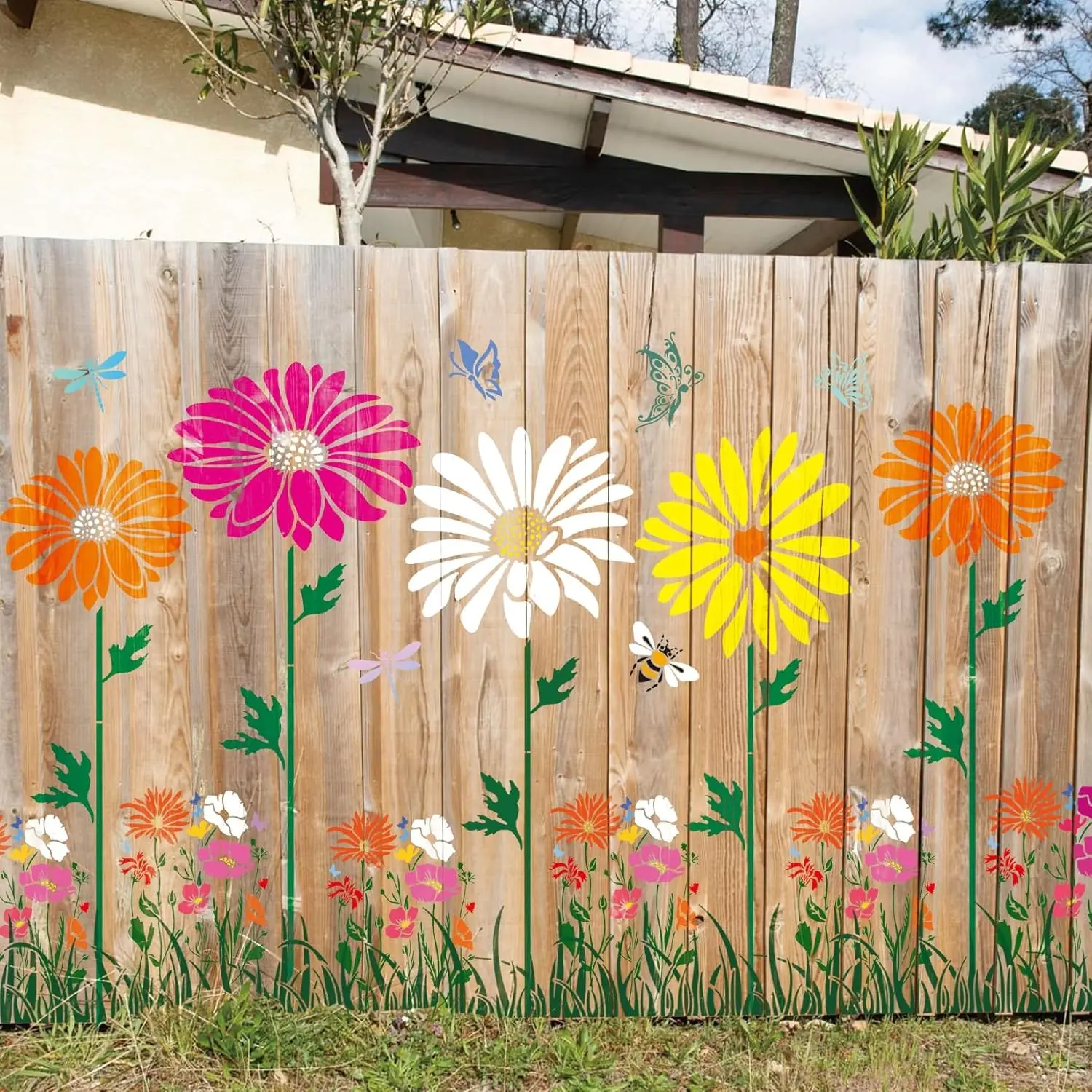 Large Fence Flower Stencils for Painting on Wood Jumbo Sunflower Floral Butterfly Fence Stencils Reusable for Outdoors Garden Walls Crafts Home Canvas Furniture Paper