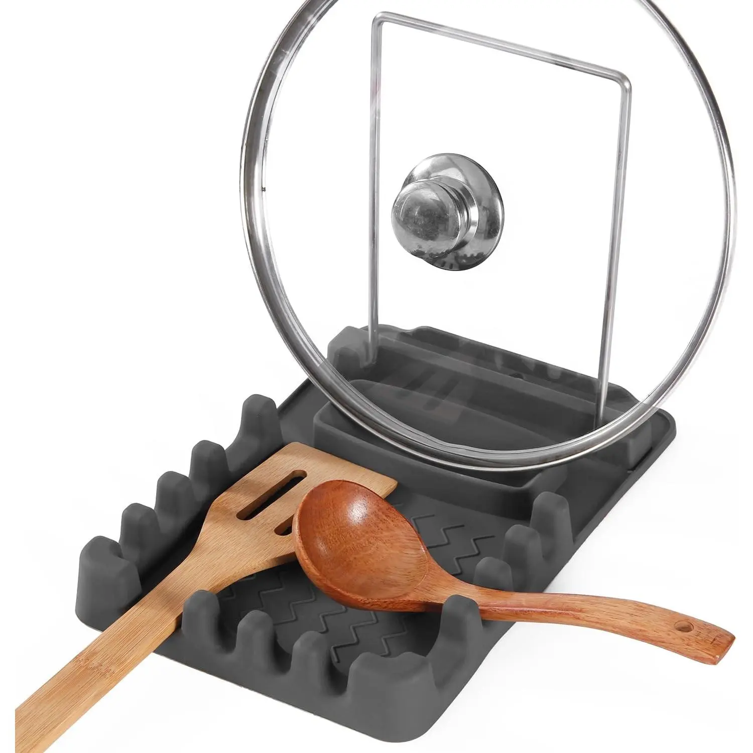 Silicone Utensil Rest with Foldable Stainless Steel Lid Holder – Multi-Slot Spoon & Spatula Holder, Heat Resistant, Non-Slip Rubber Feet, Dishwasher Safe, Space-Saving Kitchen Tool-grey