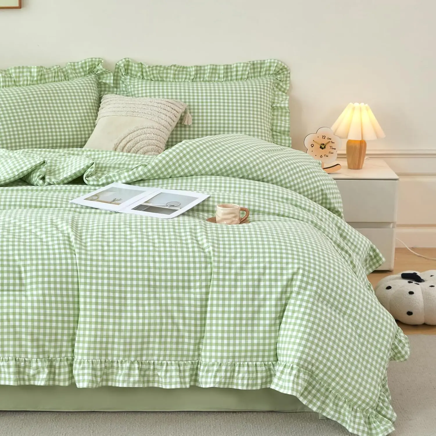 Gingham Ruffle Comforter Set  Green Checkered Comforter Bedding 5 count Cottage Grid Bed in a Bag Pre-Washed Microfiber  Bed Set for Boys Girls (Green Gingham, )