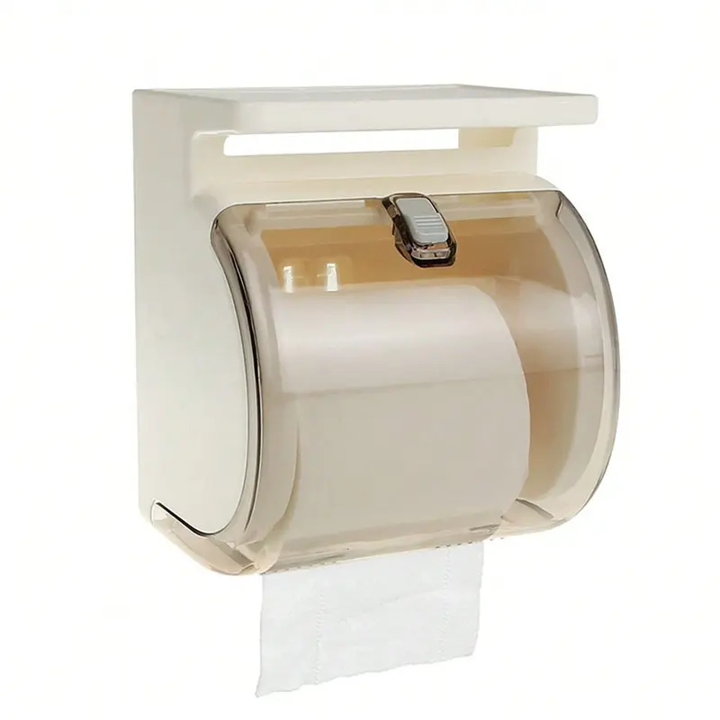 Toilet Paper Holder Wall Mount, Waterproof Cat Proof Full Covered Plastic Toilet Paper Dispenser With Shelf, Self Adhesive Or Drilled Use Transparent Stackable Storage Bin