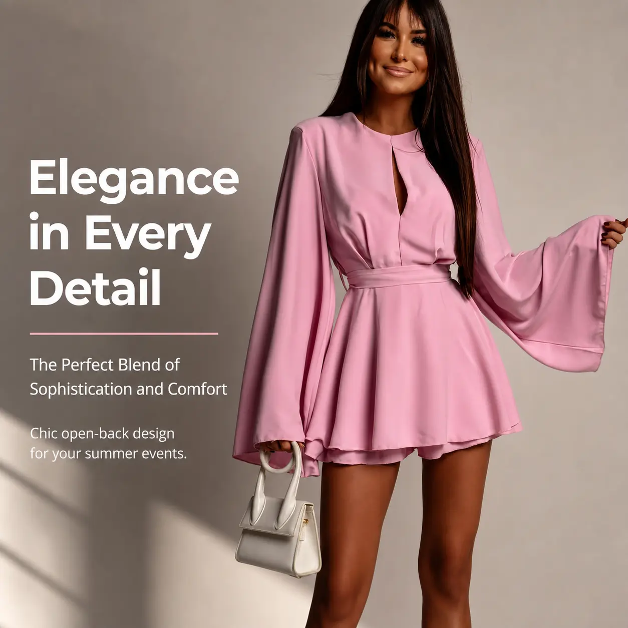 Women Pink Satin Romper Mini Dress Bell Long Sleeve Cutout Front Open Back Tie Waist Flared Skirt Shorts Jumpsuit Night Out Party Club Playsuit