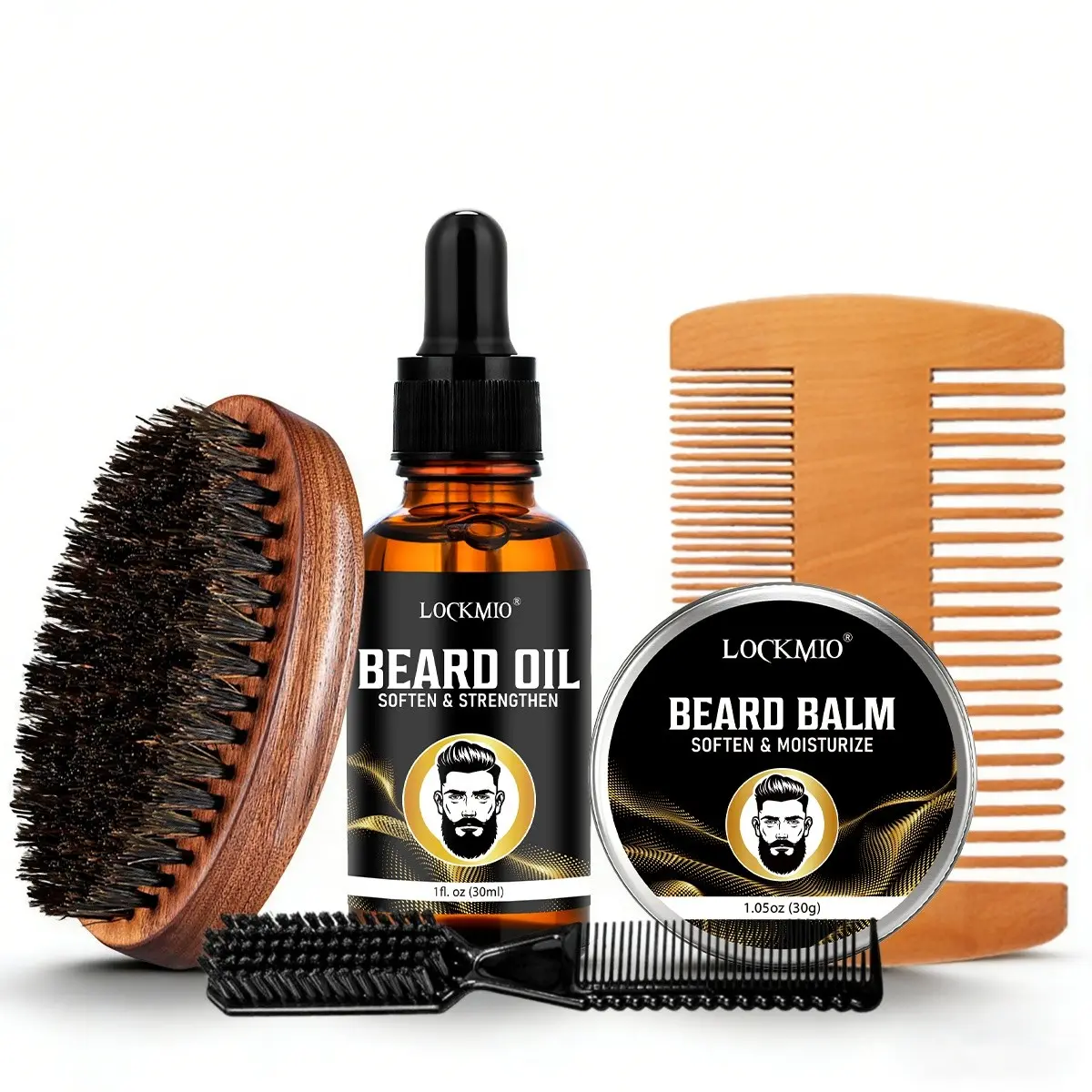 Men's Beard Care Kit, Beard Grooming Kit, Beard Routine Kit, 5-Piece Beard Shaping Tools Set with Beard Oil, Balm, Brush, Wood Comb, Hydrating, Softening, Brightening, Perfect Gift for Dad, Boyfriend, Husband