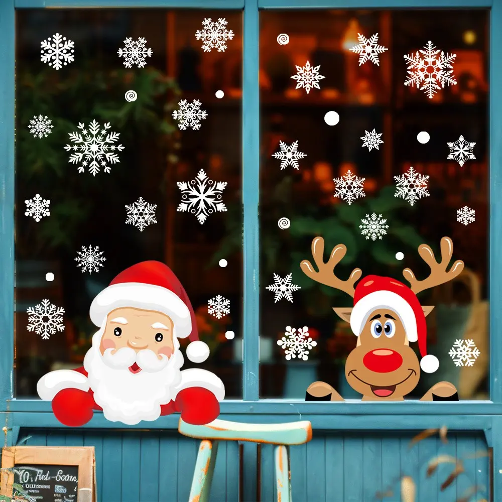 4 Sheets Christmas Snowflake Window Stickers, Static Glass Decals, Santa Claus and Reindeer Party Decorations, Holiday Ornaments