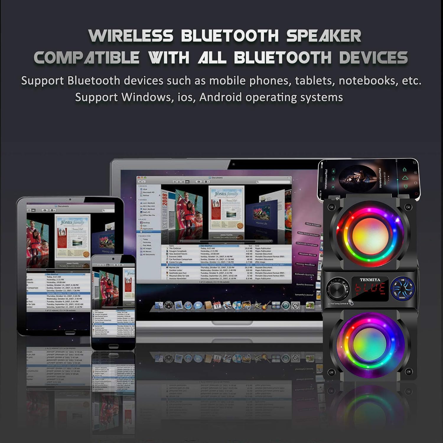 Bluetooth Speaker, 40W (60W Peak) Portable Wireless Speaker with Colorful Lights, Double Subwoofer Heavy Bass, FM Radio, MP3 Player, Bluetooth 5.0, Loud Stereo Speakers for Home Outdoor Party Camping for Gifts