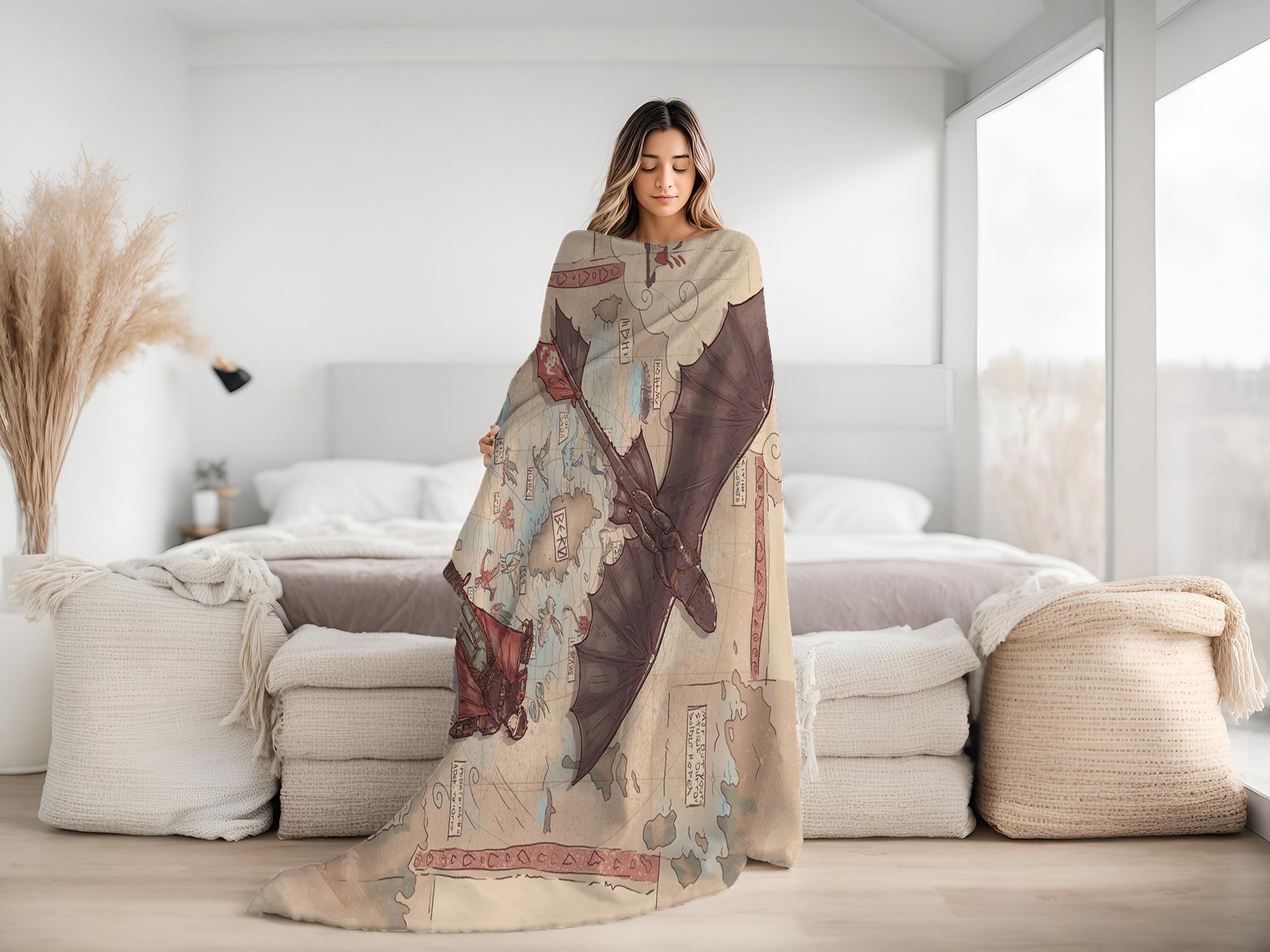 Vintage How to Train Your Dragon Print Fleece Blanket – Cute Hiccup & Toothless Pattern Soft Plush Throw, Perfect for Kids Adults, Ideal Bedroom Dorm Decor Gift for HTTYD Fans