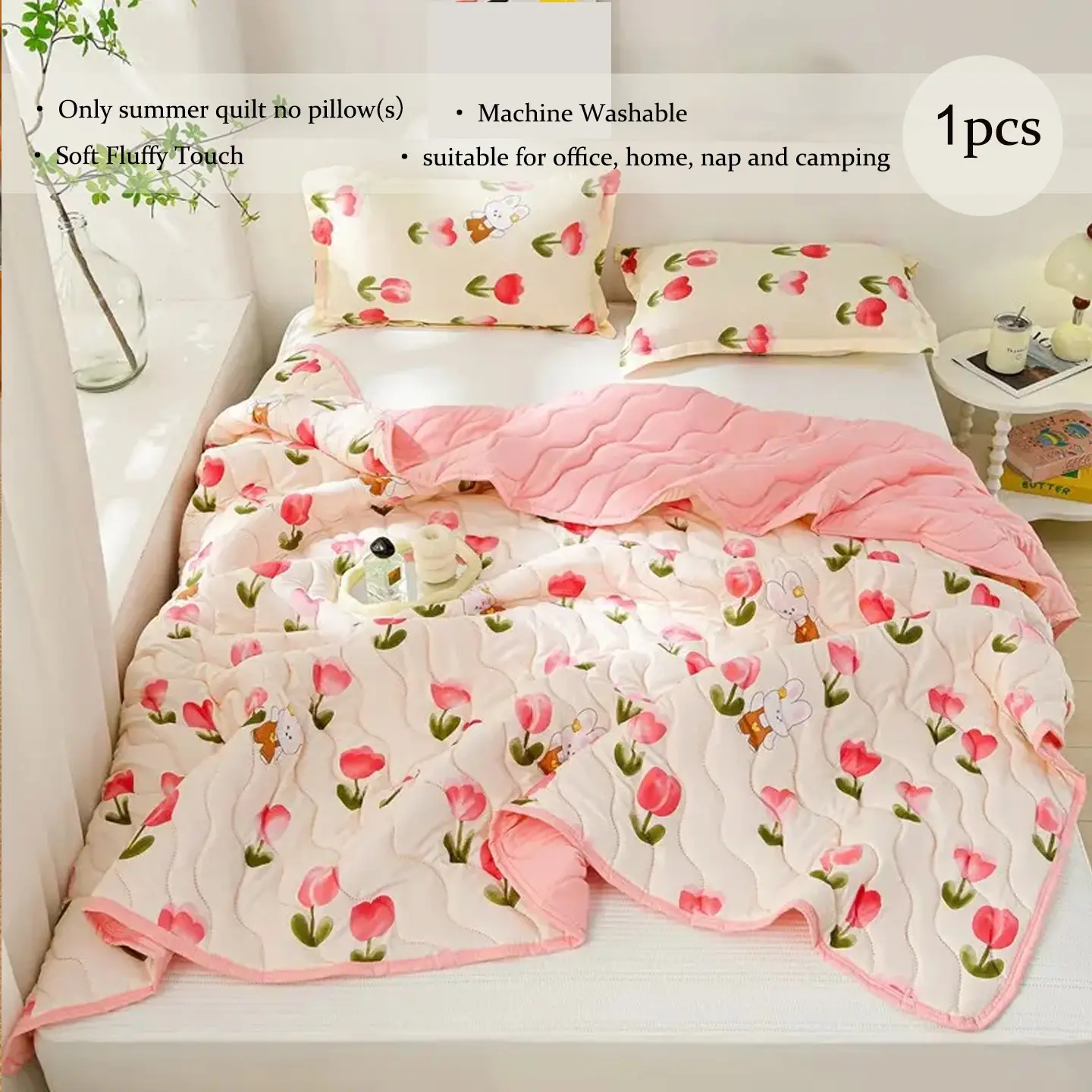 1pcs Pink Tulip Floral Quilted Summer Quilt, Soft Lightweight Breathable All Season Comforter, Aesthetic Thin Throw Blanket for Bedroom Couch Nap, Multiple Sizes Available (Only Quilt, No Pillowcases Included)