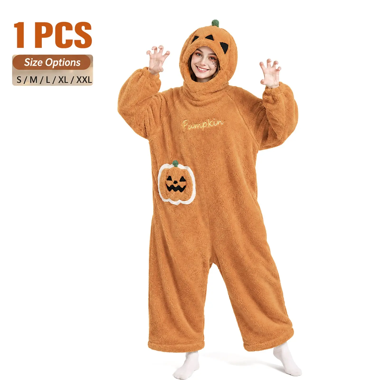 Halloween Pumpkin Onesie Cosplay Costume for Adults, Soft Plush Hooded Jumpsuit Sleeper, Cozy Warm Loungewear Party with Pocket