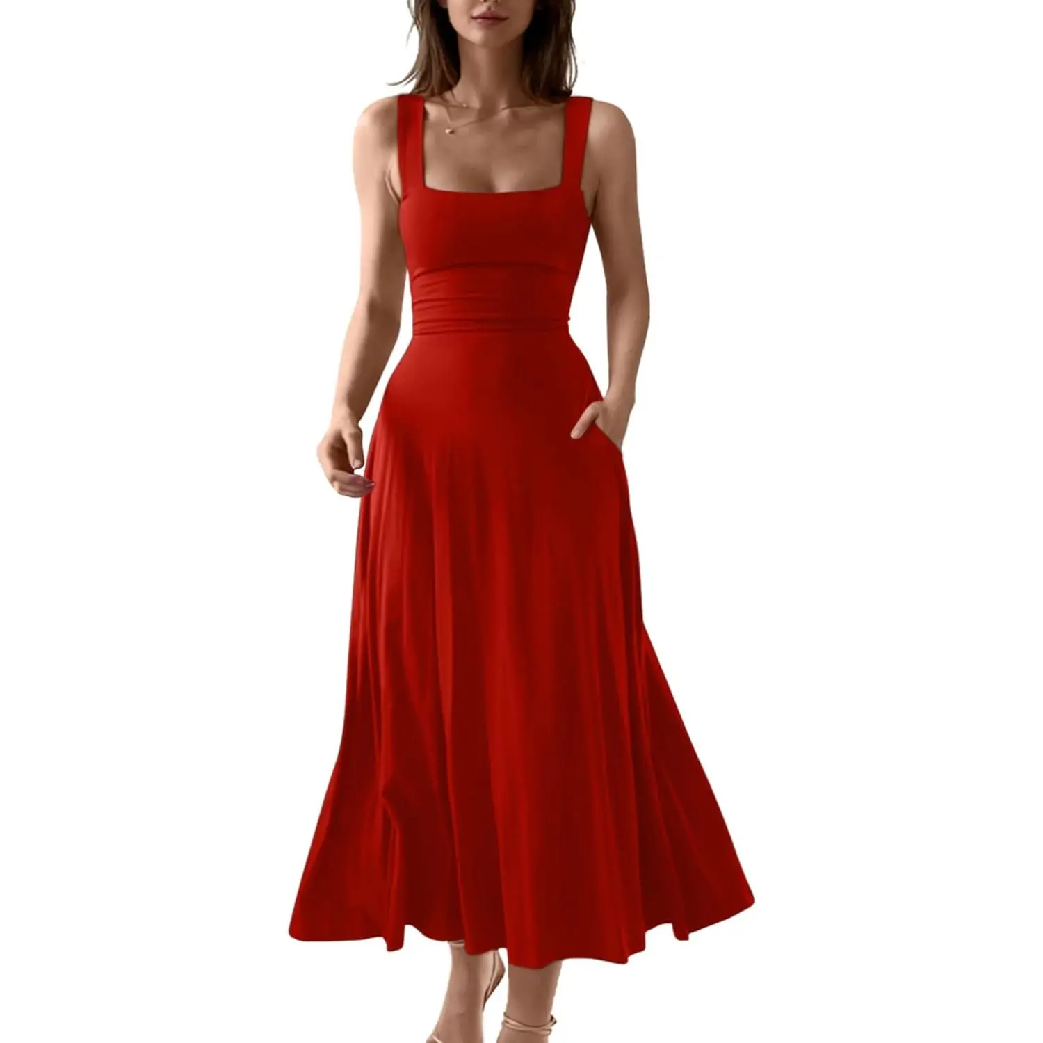 Women's A-Line Mid-Length Sports Dress, Lightweight Sleeveless Square Neck Loose Solid Elegant Cocktail Gown with Ruched Waist and Pockets, Comfortable for All-Day Formal Wear, Hourglass Cut