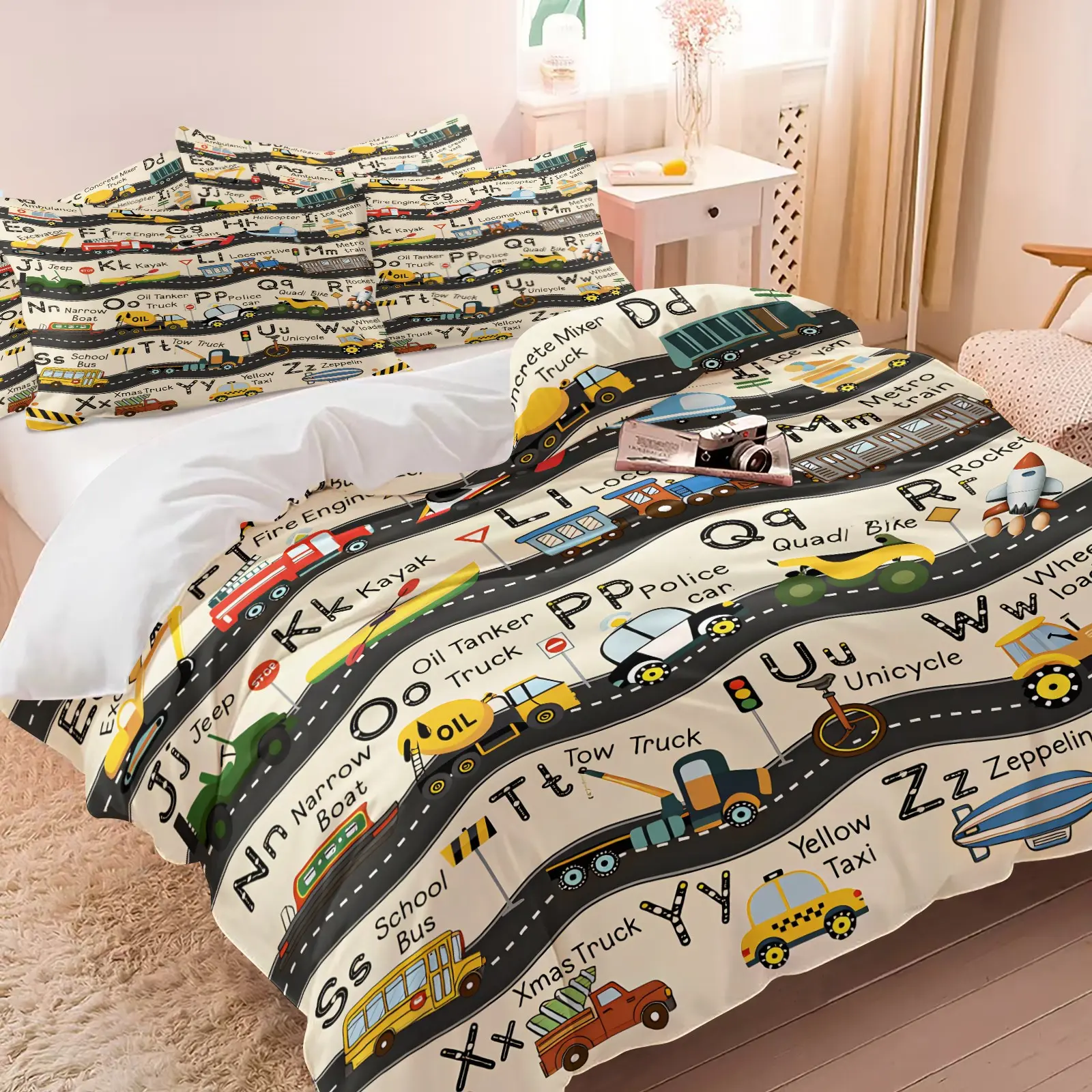 Traffic Engineering Car 26 Alphabet Early Education Duvet Cover Set & 1-2 Pillowcases-Alphabet Recognition+Transportation Awareness-Soft Comfortable Bedding-Bedroom Decoration for Young/School-Age Boys