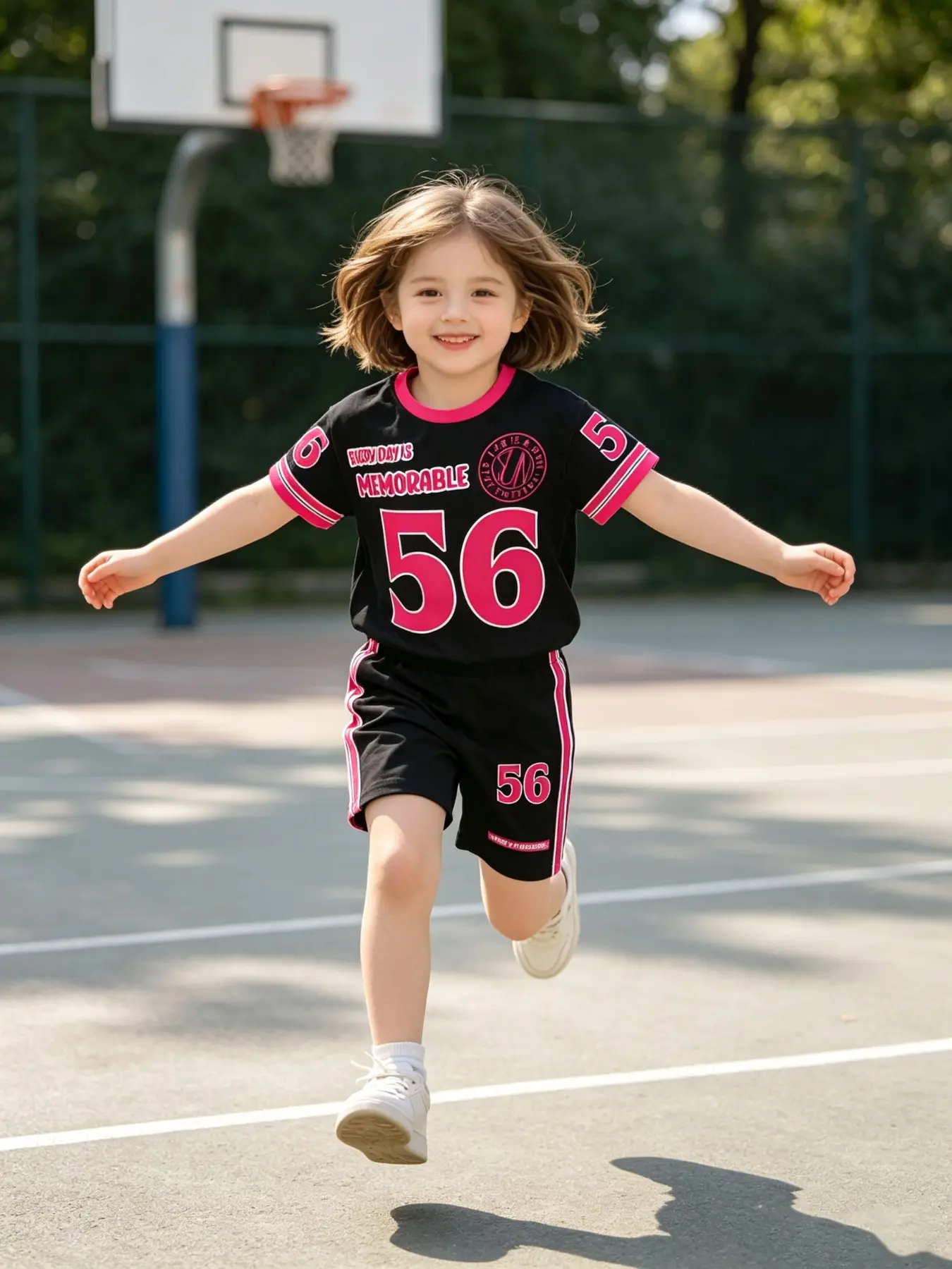 Girls' Vintage 56 Letter Print Baseball Suit, Striped Short Sleeve T-Shirt + Elastic Waist Shorts, Summer Casual Kids Sports Set