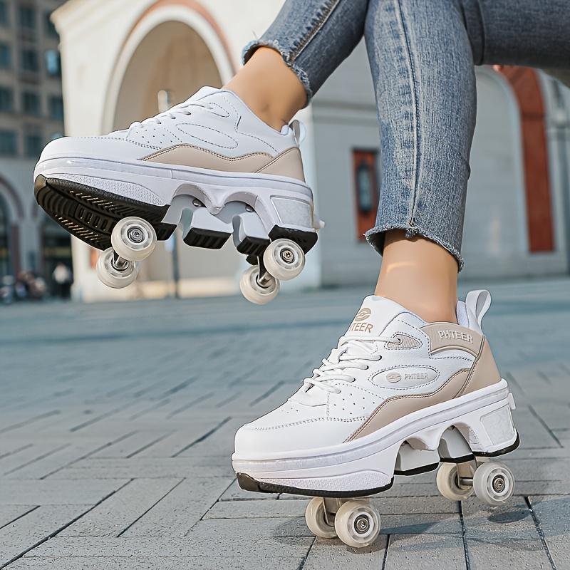 PHTEER 4-Wheel Roller Skates - Stylish Black & White, Lace-Up Design with Four-Wheel Support for Beginners, All-Season Use, Casual & Sports Skating Shoes, Casual Skating Shoes|Stylish Roller Skates|Laceup Skates