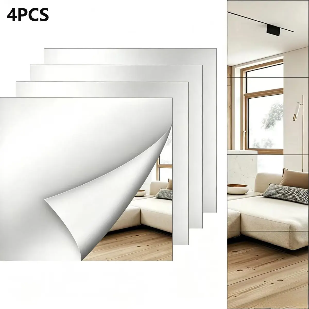 4pcs Square Self Adhesive Mirror Wall Stickers, Waterproof Acrylic Mirror Tiles, Mirror Stickers, No Drill Peel & Stick Full Length Mirror Decor for Bathroom Gym Living Room Home, Home Decor, Decoration Items, Mirror Wall Stickers