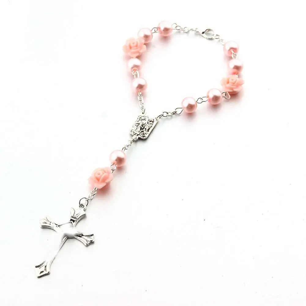 Car Rosary with Mirror & Cross Pendant, Catholic Prayer Beads with Rose Medal, Ideal Car Decor for Men and Women, Car Ornaments