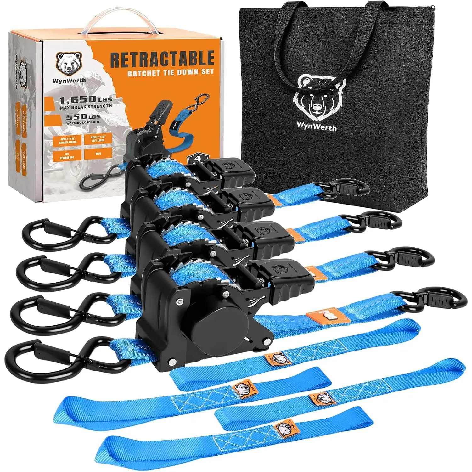 Retractable Ratchet Straps, 4-Pack Heavy-Duty Straps with 1650lbs Load Capacity