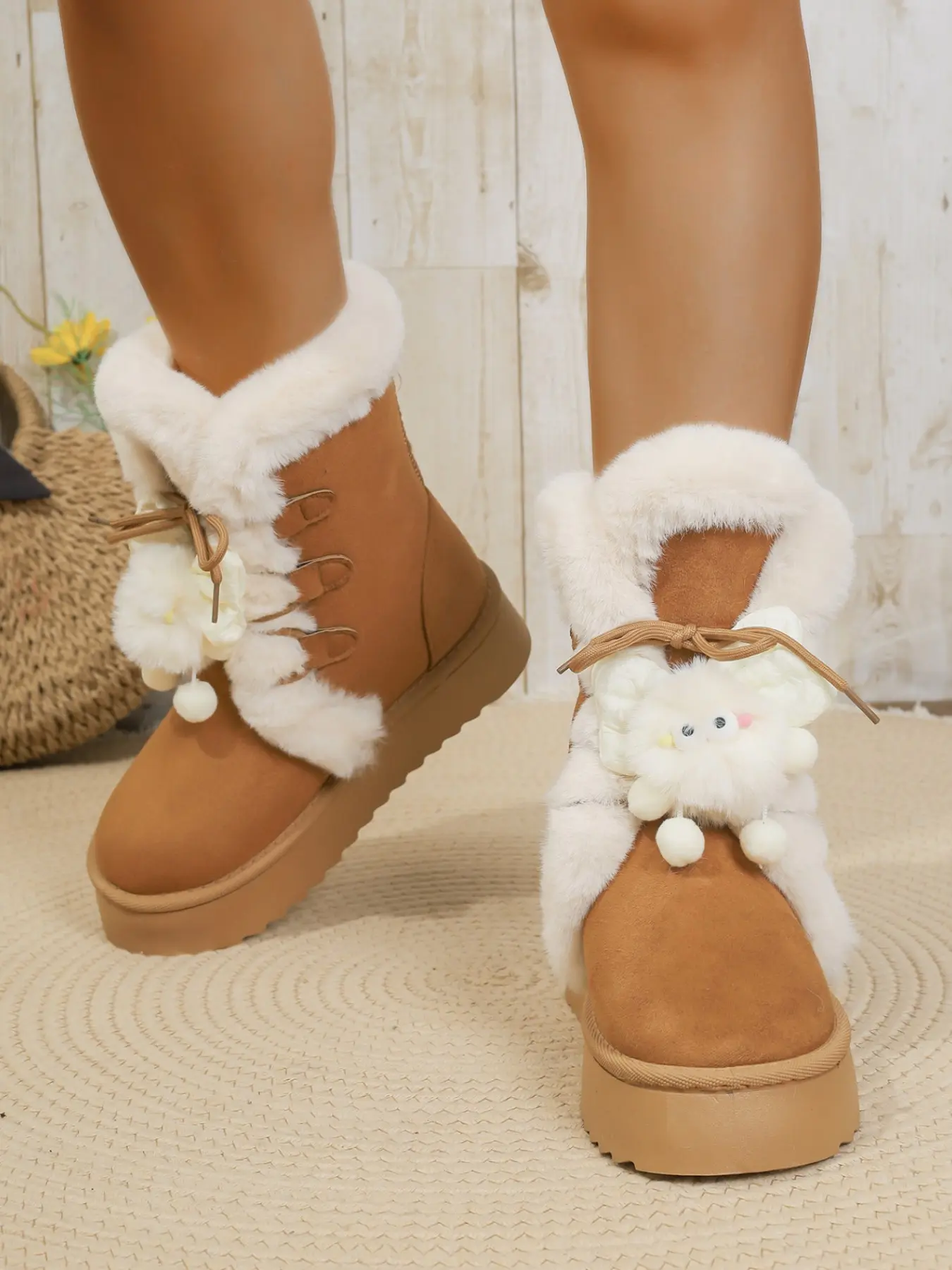 Women's Cute Cartoon Pom-Pom Snow Boots, Thick Sole Height-Boosting Fuzzy Edge Short Boot, Winter Warm Plush Fashion Short Boot
