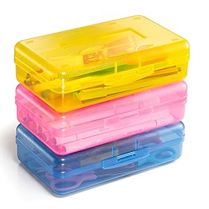 3 Pack Large Hard Plastic Pencil Case with Snap Lid-Clear Crayon Box, Marker Pen Organizer, Stackable Art Craft Storage Container, Colorful - Back to School Supplies