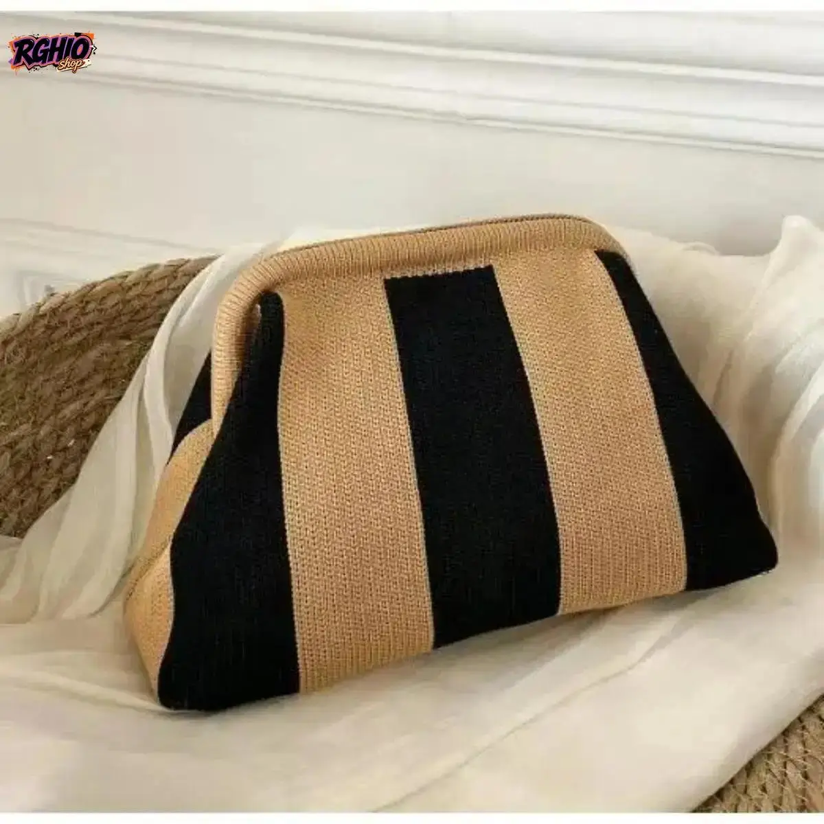 Women’s Striped Woven Hand-Held Clutch Bag - Lightweight Compact Polyester Purses for Women, Trendy Dumpling-Shape Ruched Casual Accessory for Daily Outings, Coffee Dates